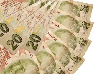 20 Türk lirası beyaz zemin üzerinde izole edilmiş, fotokopi alanı da fan şeklinde dizilmiş. Finansal işlemler kavramı