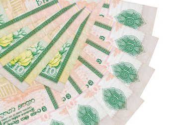 10 Sri Lanka Rupisi banknotları beyaz arka planda izole edilmiş, fotokopi alanı da yakın planda. Finansal işlemler kavramı