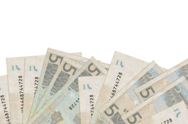 Ekranın alt tarafında 5 avroluk banknotlar var. Beyaz arka planda izole edilmiş ve fotokopi alanı var. Paralı iş kavramları için arkaplan afişi şablonu