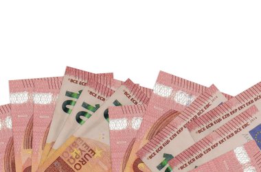 Ekranın alt tarafında 10 avroluk banknotlar var. Beyaz arka planda izole edilmiş ve fotokopi alanı var. Paralı iş kavramları için arkaplan afişi şablonu
