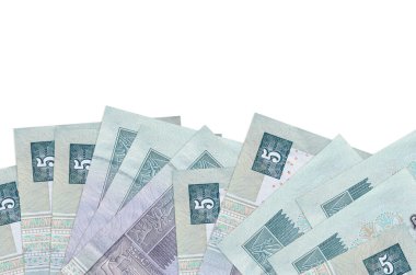 Ekranın alt tarafında 5 Mısır sterlinli banknotlar var. Beyaz arka planda, kopyalama alanı ile izole edilmiş. Paralı iş kavramları için arkaplan afişi şablonu