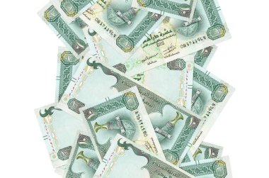 Beyazlar üzerinde izole edilmiş 10 tane BAE Dirhams banknotu var. Birçok banknot sol ve sağ tarafta beyaz kopya alanı ile düşüyor