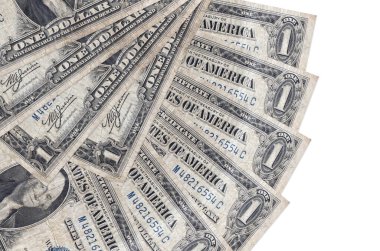 1 ABD Doları banknotları beyaz arka planda izole edilmiş, fotokopi alanı da yakın planda tutuluyor. Finansal işlemler kavramı