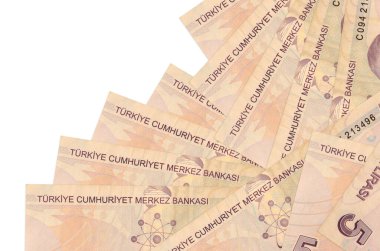 5 Türk lirası, beyaza izole edilmiş olarak farklı bir sırayla yatar. Yerel bankacılık ya da para kazanma konsepti. İş arkaplanı afişi
