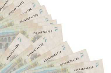 5 avroluk banknotlar beyaz arka planda izole edilmiş, fotokopi alanı da yakın planda. Maaş zamanı kavramı veya finansal işlemler