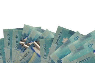 Ekranın alt tarafında, beyaz arka planda, kopya alanı ile izole edilmiş 5 Kanada doları banknot bulunuyor. Paralı iş kavramları için arkaplan afişi şablonu