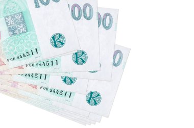 100 Çek korun banknotu küçük gruplar halinde ya da beyaza izole edilmiş paketler halinde yatar. Kopyalama alanı olan bir model. İş ve para değişimi kavramı
