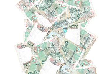 20 Tayland Baht senedi beyazlar üzerinde uçuyor. Birçok banknot sol ve sağ tarafta beyaz kopya alanı ile düşüyor