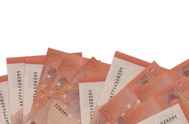 Ekranın alt tarafında 10 avroluk banknotlar var. Beyaz arka planda izole edilmiş ve fotokopi alanı var. Paralı iş kavramları için arkaplan afişi şablonu