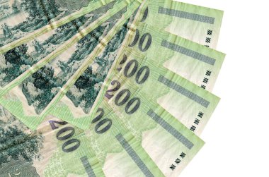 200 Macar forint banknotları beyaz arka planda izole edilmiş, fotokopi alanı da yakın planda. Finansal işlemler kavramı
