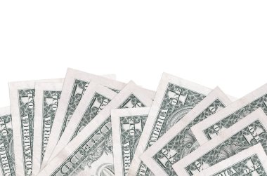 Ekranın alt tarafında 1 Amerikan doları banknotları var. Beyaz arka planda izole edilmiş ve fotokopi alanı var. Paralı iş kavramları için arkaplan afişi şablonu