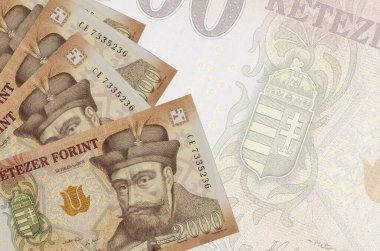 2000 Macar forint faturası büyük yarı şeffaf banknotun arka planında duruyor. Kopyalama alanı olan soyut iş arkaplanı