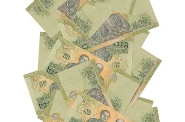 20 Tayland Baht senedi beyazlar üzerinde uçuyor. Birçok banknot sol ve sağ tarafta beyaz kopya alanı ile düşüyor