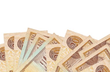 Ekranın alt tarafında 20 Dominik pezosu var. Beyaz arka planda izole edilmiş ve fotokopi alanı var. Paralı iş kavramları için arkaplan afişi şablonu