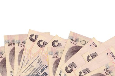 Ekranın alt tarafında, beyaz zemin üzerinde, kopya alanı ile izole edilmiş 5 Türk lirası bulunuyor. Paralı iş kavramları için arkaplan afişi şablonu