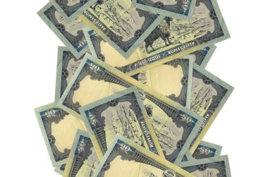 50 Nepal Rupisi banknotları beyazın üzerinde izole bir şekilde uçuyor. Birçok banknot sol ve sağ tarafta beyaz kopya alanı ile düşüyor