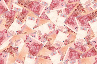 100 Tayland Baht faturası büyük bir yığın halinde duruyor. Zengin yaşam kavramsal geçmişi. Büyük miktarda para.