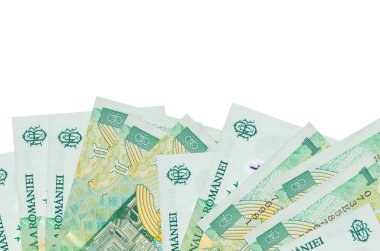 1 Romen ley banknotu ekranın alt tarafında, beyaz zemin üzerinde fotokopi alanı ile izole bir şekilde yatıyor. Paralı iş kavramları için arkaplan afişi şablonu