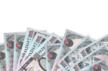 Ekranın alt tarafında, beyaz arka planda izole edilmiş, fotokopi alanı ile izole edilmiş 1000 adet Nepal rupisi var. Paralı iş kavramları için arkaplan afişi şablonu