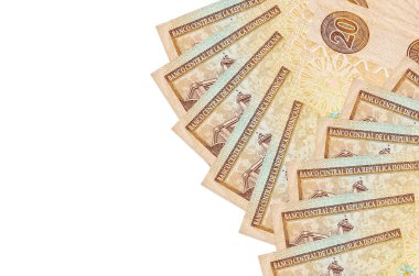 20 Dominikli peso banknot beyaz arka planda fotokopi alanı ile izole bir şekilde duruyor. Zengin yaşam kavramsal geçmişi. Büyük miktarda ulusal para birimi zenginliği