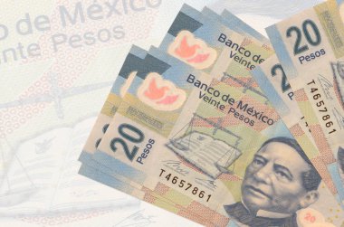20 Meksika pezosu büyük yarı saydam banknotun arka planında duruyor. Ulusal para biriminin soyut sunumu. İş konsepti