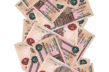 Beyazlar üzerinde izole edilmiş 10 Mısır sterlinli banknotlar. Birçok banknot sol ve sağ tarafta beyaz kopya alanı ile düşüyor