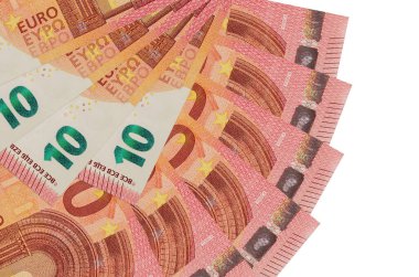 10 avroluk banknotlar beyaz arka planda izole edilmiş, fotokopi alanı da yakın planda. Finansal işlemler kavramı