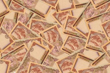 10 Nepal Rupisi banknotları büyük yığının içinde yatıyor. Zengin yaşam kavramsal geçmişi. Büyük miktarda para.