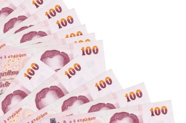 100 Tayland Baht banknotu beyaz arka planda izole edilmiş bir şekilde duruyor ve fotokopi alanı da pervaneye yakın duruyor. Maaş zamanı kavramı veya finansal işlemler