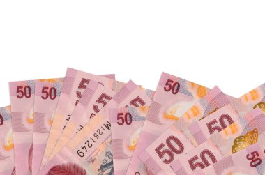 Ekranın alt tarafında 50 Meksika pezosu var. Beyaz arka planda izole edilmiş ve fotokopi alanı var. Paralı iş kavramları için arkaplan afişi şablonu