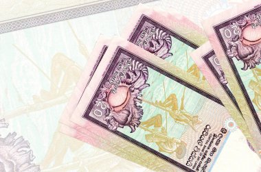 20 Sri Lanka rupisi banknotları büyük yarı şeffaf banknotların arka planında duruyor. Ulusal para biriminin soyut sunumu. İş konsepti