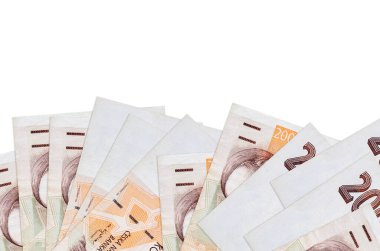 Ekranın alt tarafında 200 Çek korun banknotu var. Beyaz arka planda, kopyalama alanı ile izole edilmiş. Paralı iş kavramları için arkaplan afişi şablonu