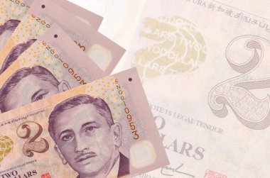 2 Singapur doları banknotlar büyük yarı şeffaf banknotun arka planında duruyor. Kopyalama alanı olan soyut iş arkaplanı