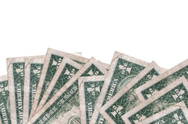 Ekranın alt tarafında 1 Amerikan doları banknotları var. Beyaz arka planda izole edilmiş ve fotokopi alanı var. Paralı iş kavramları için arkaplan afişi şablonu