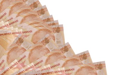 Beyaz zemin üzerinde izole edilmiş 50 Türk lirası var. Fan kaplamasında da fotokopi alanı var. Maaş zamanı kavramı veya finansal işlemler