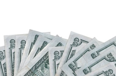 Ekranın alt tarafında 50 dolar banknot var. Beyaz arka planda izole edilmiş ve fotokopi alanı var. Paralı iş kavramları için arkaplan afişi şablonu