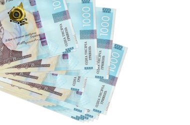 1000 Ukrayna hrivniası banknotları küçük gruplar halinde ya da beyazın üzerine izole edilmiş paketler halinde yatar. Kopyalama alanı olan bir model. İş ve para değişimi kavramı