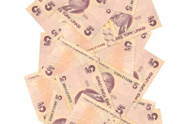5 Türk lirası beyazın üzerinde izole bir şekilde uçuyor. Birçok banknot sol ve sağ tarafta beyaz kopya alanı ile düşüyor