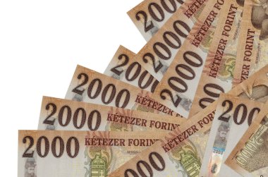 2000 Macar forint banknotları beyaza izole edilmiş farklı bir sırayla yatar. Yerel bankacılık ya da para kazanma konsepti. İş arkaplanı afişi