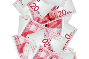 20 İsrailli yeni şekel banknot beyazın üzerinde izole bir şekilde uçuyor. Birçok banknot sol ve sağ tarafta beyaz kopya alanı ile düşüyor