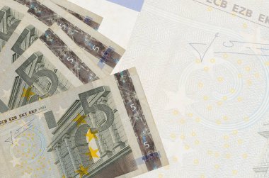 Büyük yarı şeffaf banknotun arka planında 5 avroluk banknotlar duruyor. Kopyalama alanı olan soyut iş arkaplanı