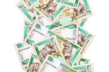 10 Sri Lanka Rupisi banknotları beyaza izole edilmiş olarak geliyor. Birçok banknot sol ve sağ tarafta beyaz kopya alanı ile düşüyor