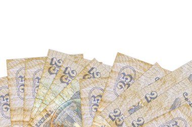 Ekranın alt tarafında 25 Mısır piastres banknotu var. Beyaz arka planda izole edilmiş ve fotokopi alanı var. Paralı iş kavramları için arkaplan afişi şablonu