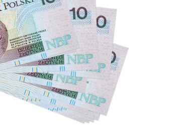 10 tane Polonyalı zloti banknotu küçük gruplar halinde ya da beyaz paketler halinde bulunur. Kopyalama alanı olan bir model. İş ve para değişimi kavramı