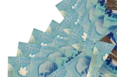 5 Kanadalı dolar banknotlar beyaz üzerine izole edilmiş farklı bir sırayla yatar. Yerel bankacılık ya da para kazanma konsepti. İş arkaplanı afişi