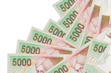 5000 Endonezya rupiası banknotları beyaza izole edilmiş farklı bir sırayla yatar. Yerel bankacılık ya da para kazanma konsepti. İş arkaplanı afişi