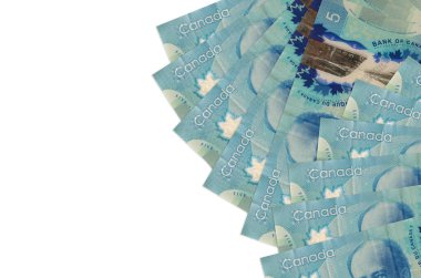 5 Kanada Doları, beyaz arka planda fotokopi alanı ile izole bir şekilde duruyor. Zengin yaşam kavramsal geçmişi. Büyük miktarda ulusal para birimi zenginliği
