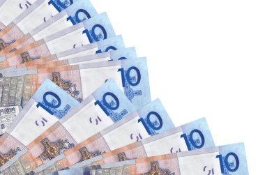 Beyaz zemin üzerinde izole edilmiş 10 Belorus ruble banknotları var. Fan kaplamasında da fotokopi alanı var. Maaş zamanı kavramı veya finansal işlemler