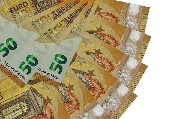 Euro Biljetten Ligt Geïsoleerd Witte Achtergrond Met Kopieerruimte Gestapeld Ventilatorvorm — Stockfoto