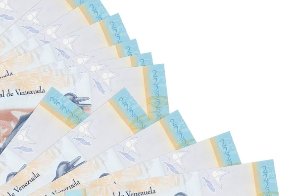 2ベネズエラのボリバル紙幣は ファンに積み上げられたコピースペースが閉じられた白い背景に孤立しています 給料日時間の概念又は金融業務 — ストック写真